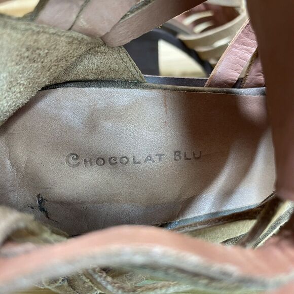 Chocolat Blu Womens EU 38 US 7.5-8 Block Heel Sandals Brown Leather Woven Shoes - Picture 8 of 10